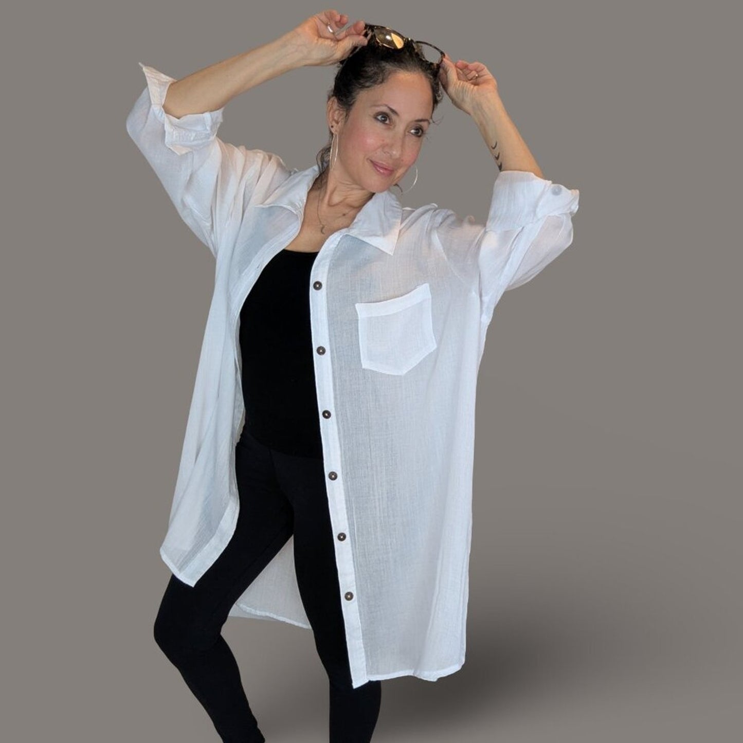 Mynah White Gauzy Button Front Swim Coverup - 2X - Suitable for all sizes below