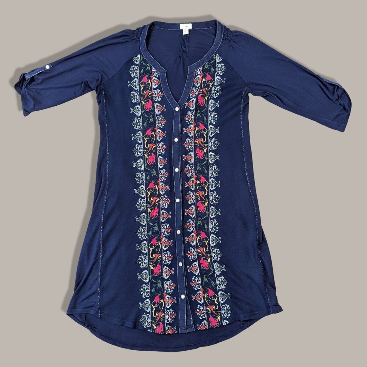 Anthropologie Tiny Navy Blue Floral Embroidery Dress - Large