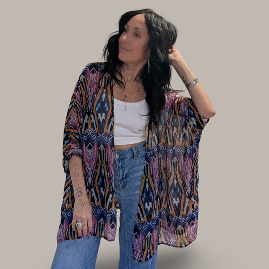 Boho Aztec Print Open Kimono - One Size