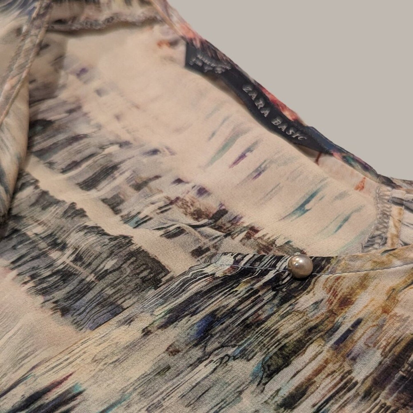 Zara Semi-Sheer Long Sleeve Blouse - Neutral Watercolor Print - Size Small