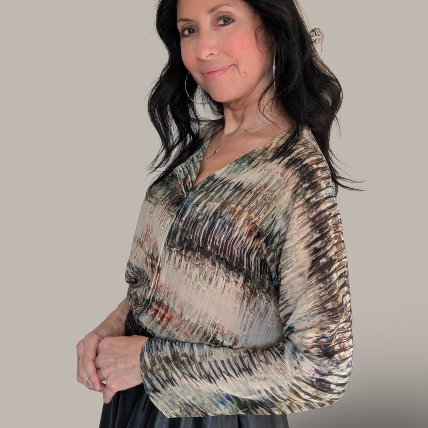 Zara Semi-Sheer Long Sleeve Blouse - Neutral Watercolor Print - Size Small