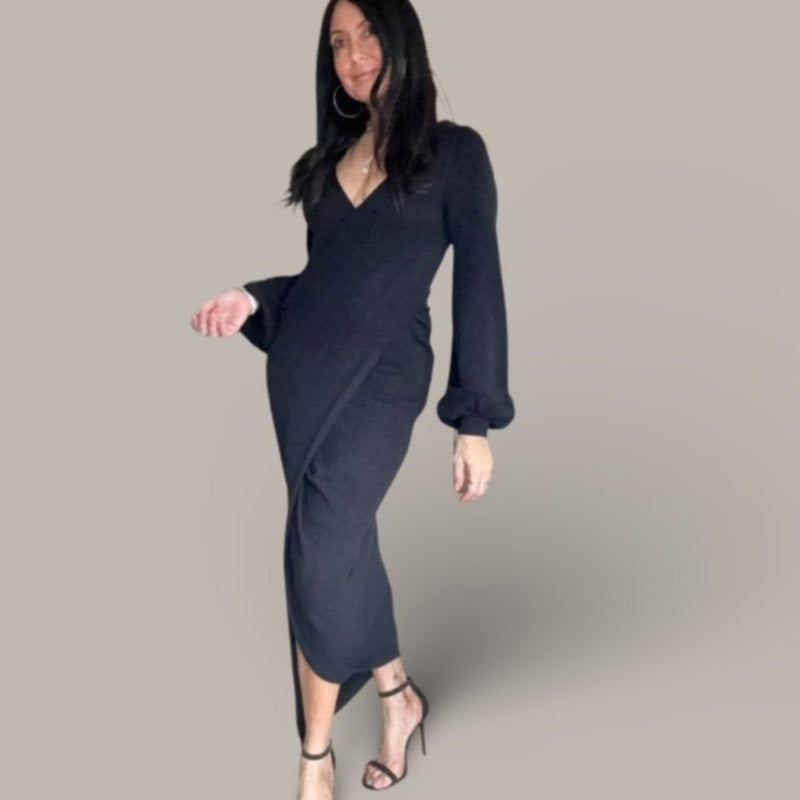 Fashion Nova Black Faux Wrap Sweater Dress – Size Large
