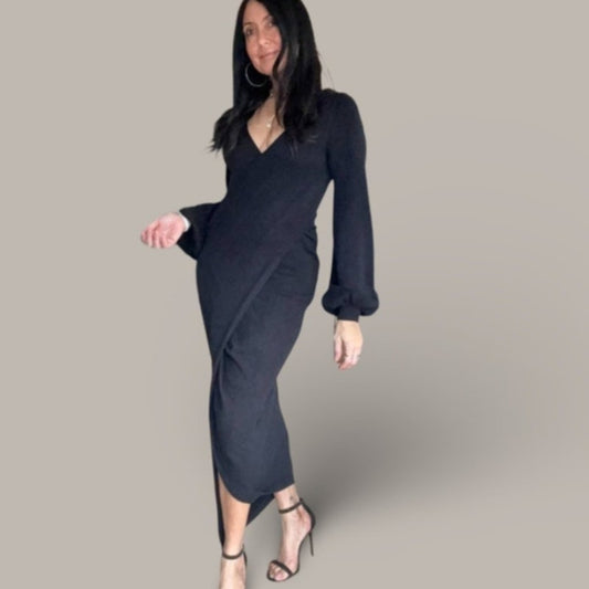 Fashion Nova Black Faux Wrap Sweater Dress – Size Large