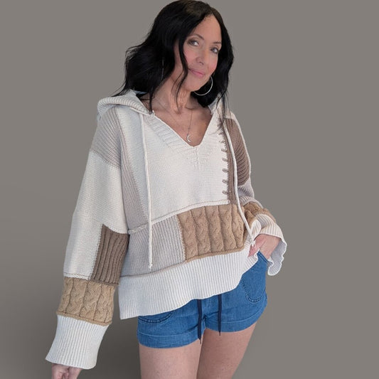POL Tan Tones Block Knit Hooded Sweater - Small