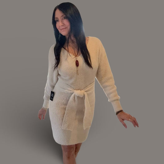 Express Tie-Waist Eyelash Knit Cream Sweater Dress – Size Small