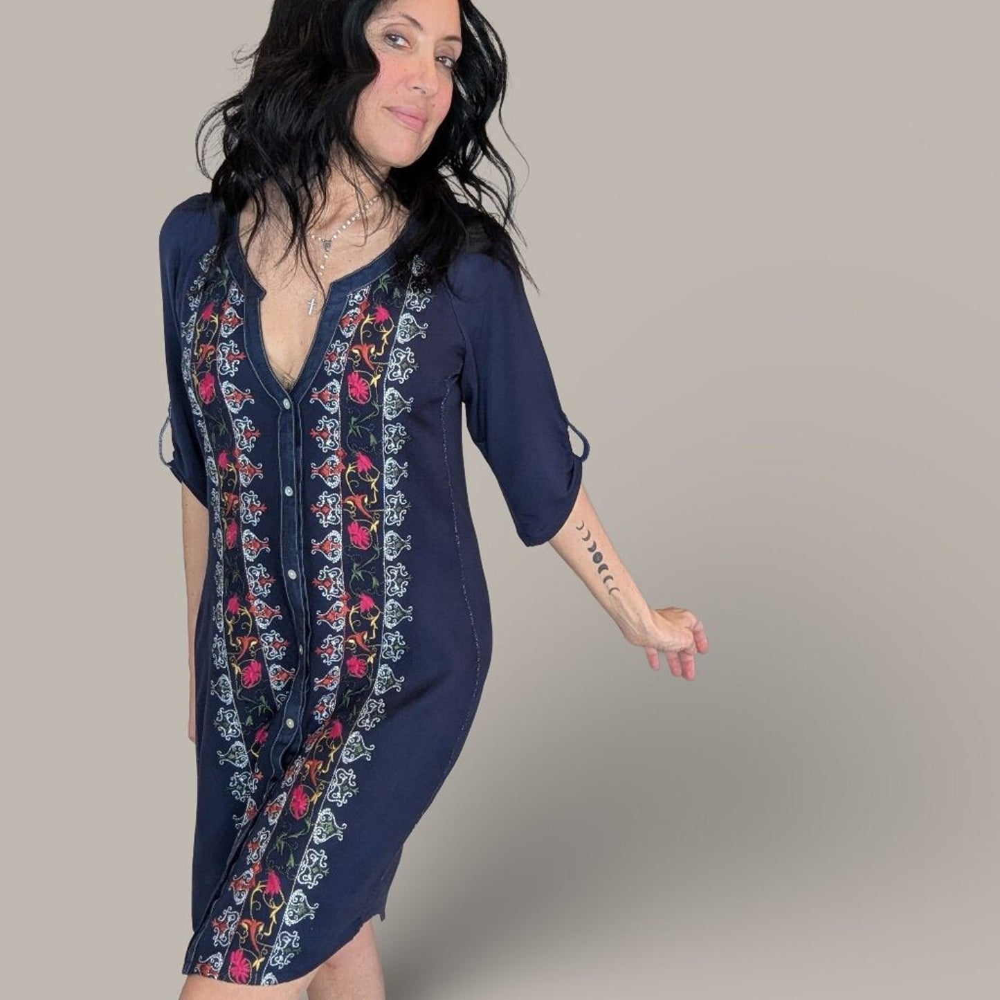Anthropologie Tiny Navy Blue Floral Embroidery Dress - Large