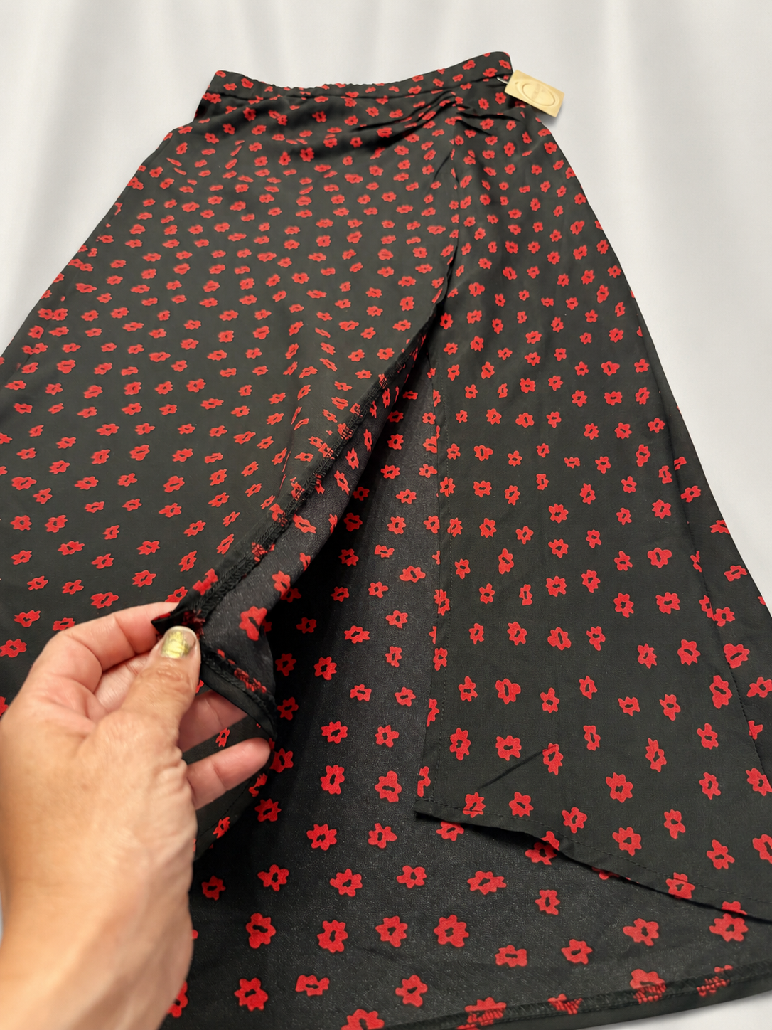 Princess Polly Jodie Black Red Floral Faux Wrap Maxi Skirt with Front Slit - Size 6