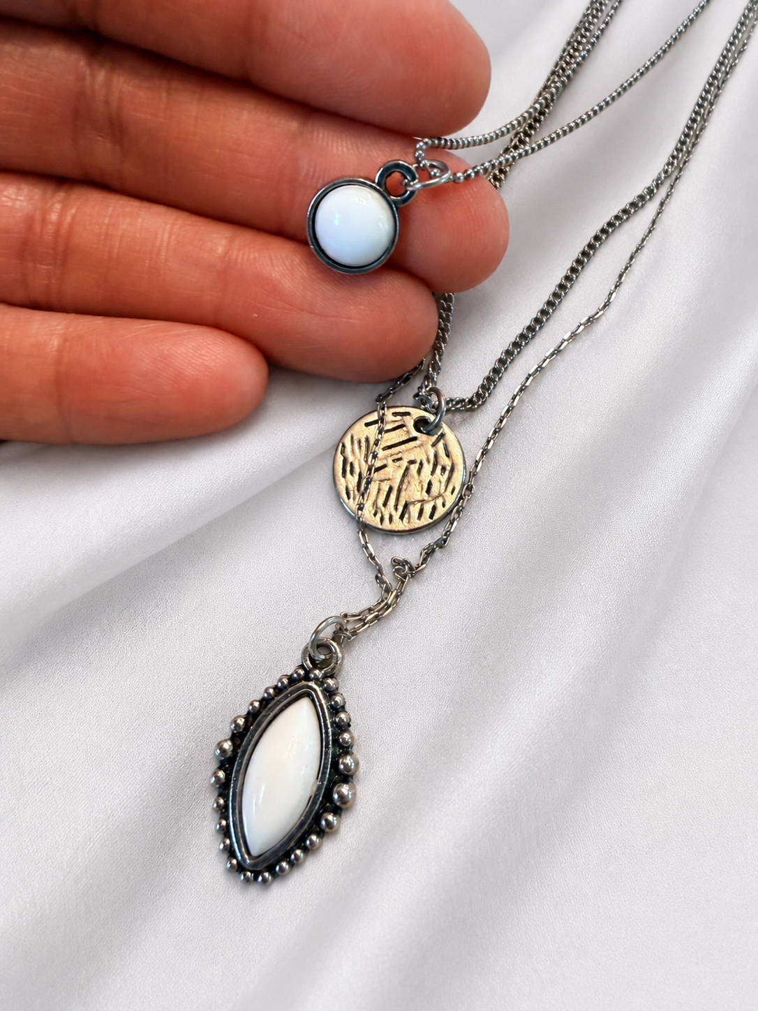 Layered Silver Tone Three-Tier Pendant Necklace with White Stone and Coin Charms