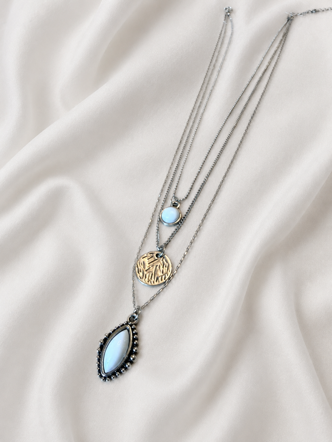 Layered Silver Tone Three-Tier Pendant Necklace with White Stone and Coin Charms