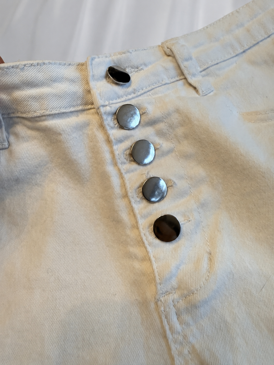 White Denim Shorts with Button Front Detail - Frayed Hem - Size Large