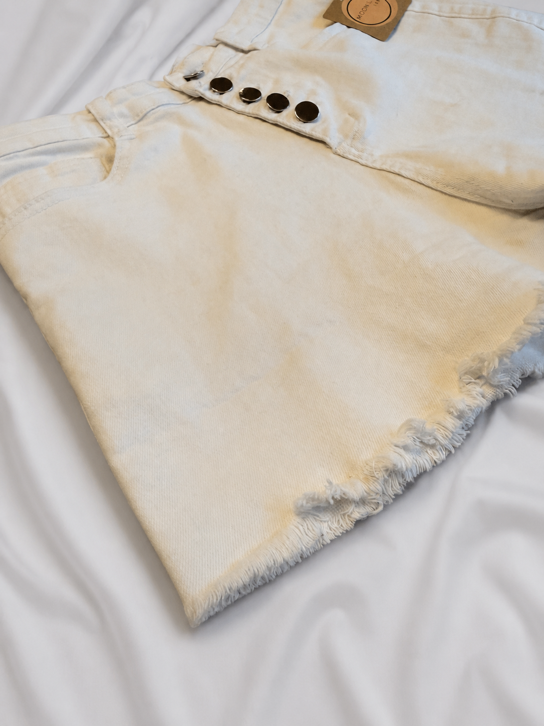 White Denim Shorts with Button Front Detail - Frayed Hem - Size Large