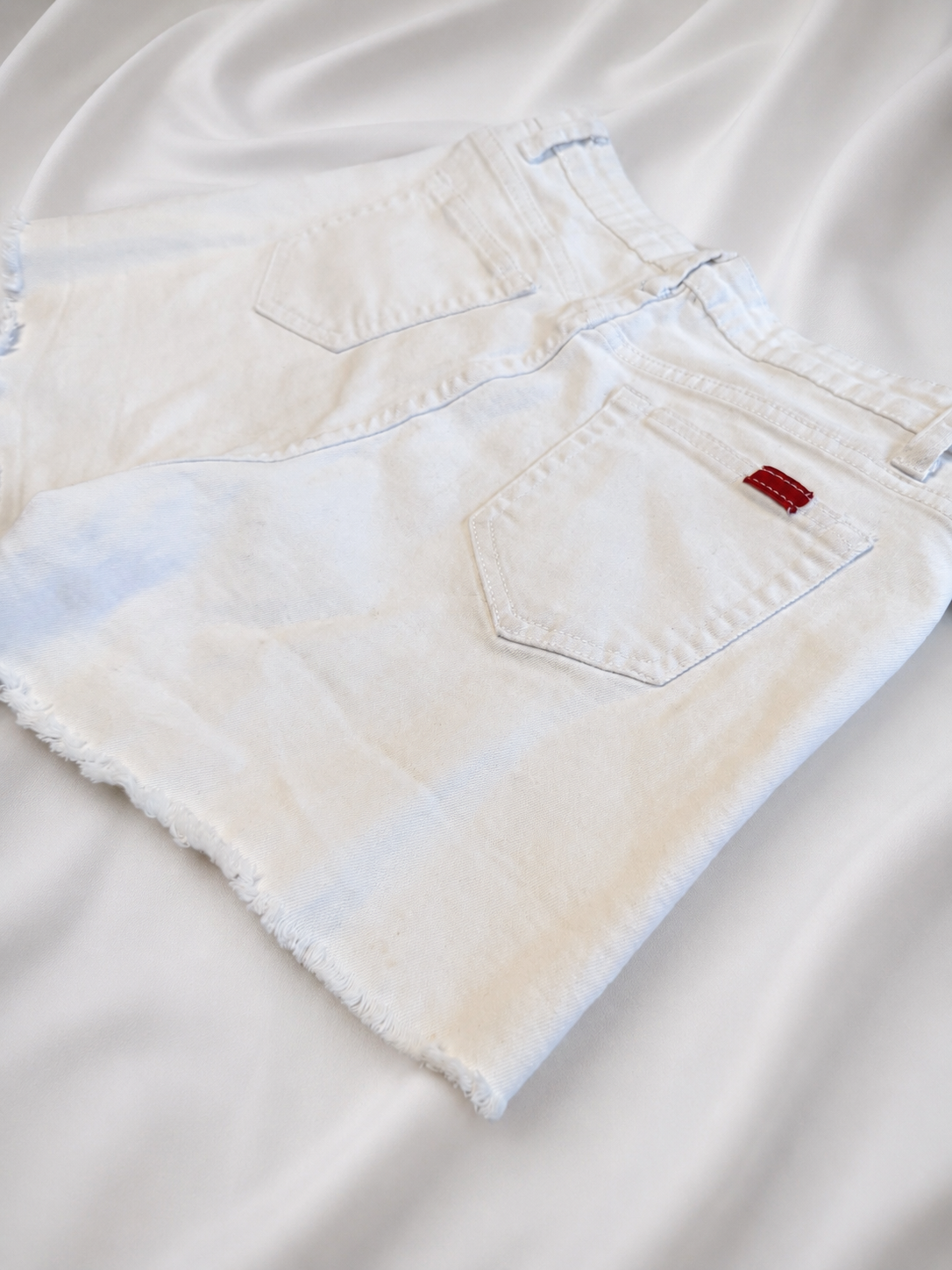 White Denim Shorts with Button Front Detail - Frayed Hem - Size Large