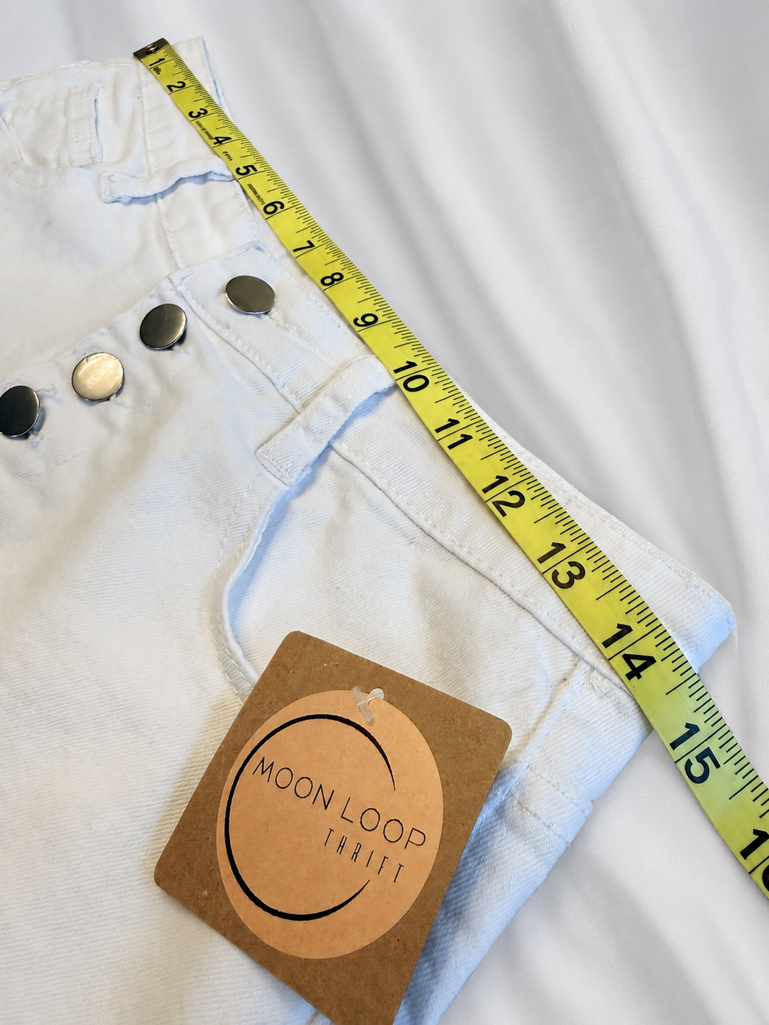 White Denim Shorts with Button Front Detail - Frayed Hem - Size Large
