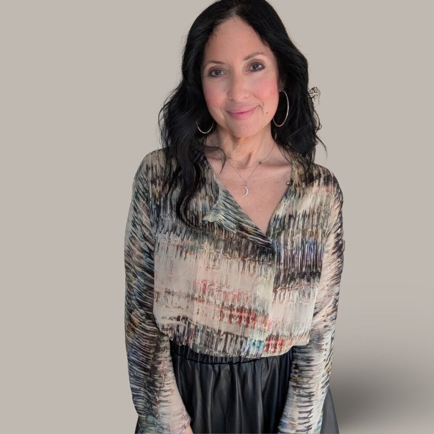 Zara Semi-Sheer Long Sleeve Blouse - Neutral Watercolor Print - Size Small