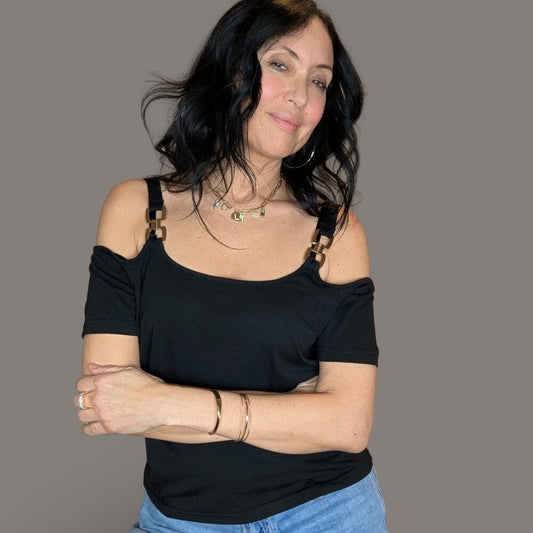 Black Short Sleeve Off the Shoulder Top - Small