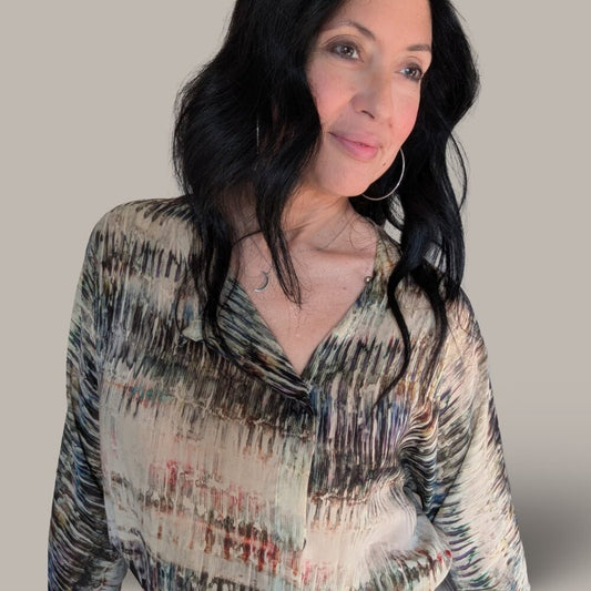 Zara Semi-Sheer Long Sleeve Blouse - Neutral Watercolor Print - Size Small
