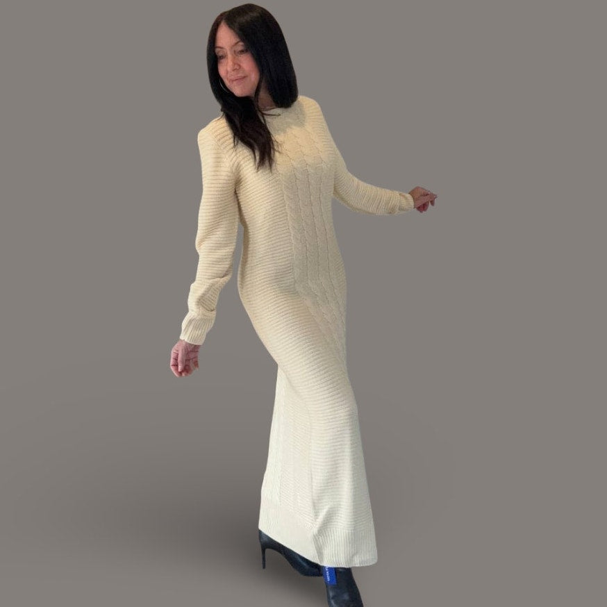 ChouYatou Cream Cable Knit Long Sleeve Maxi Sweater Dress – Size M (NWT)
