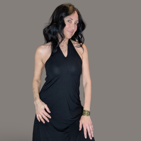 Black Knit Knee Length Halter Dress - Small