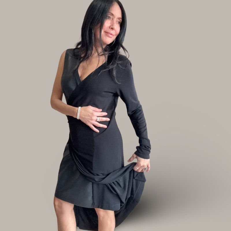 BCBG MaxAzria Black Asymmetric Midi Dress - Size Large - NWT