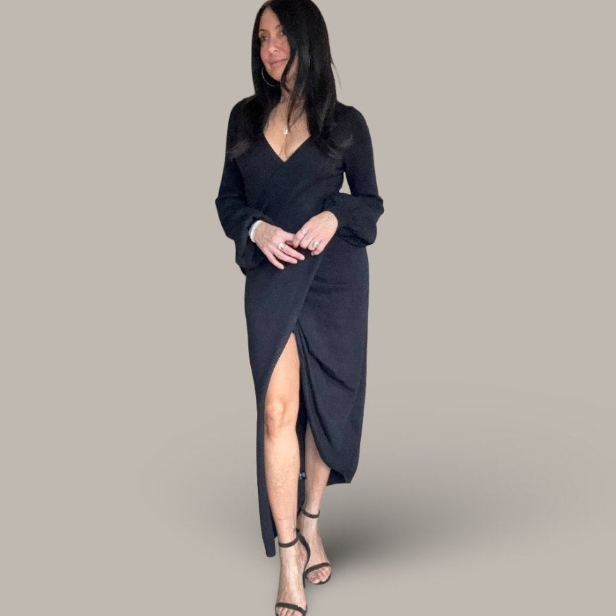 Fashion Nova Black Faux Wrap Sweater Dress – Size Large