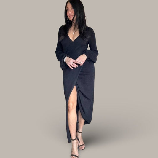 Fashion Nova Black Faux Wrap Sweater Dress – Size Large