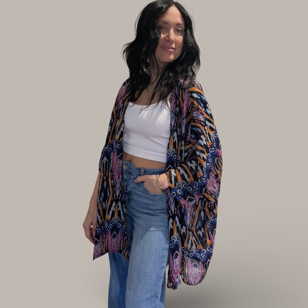 Boho Aztec Print Open Kimono - One Size