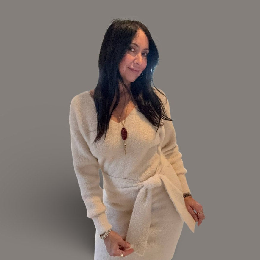 Express Tie-Waist Eyelash Knit Cream Sweater Dress – Size Small